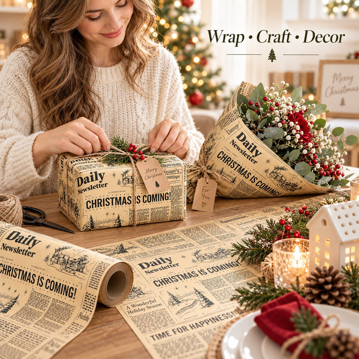 📰 Vintage Newspaper Christmas Kraft Wrapping Paper Mini Roll for Gifts & DIY 🎄