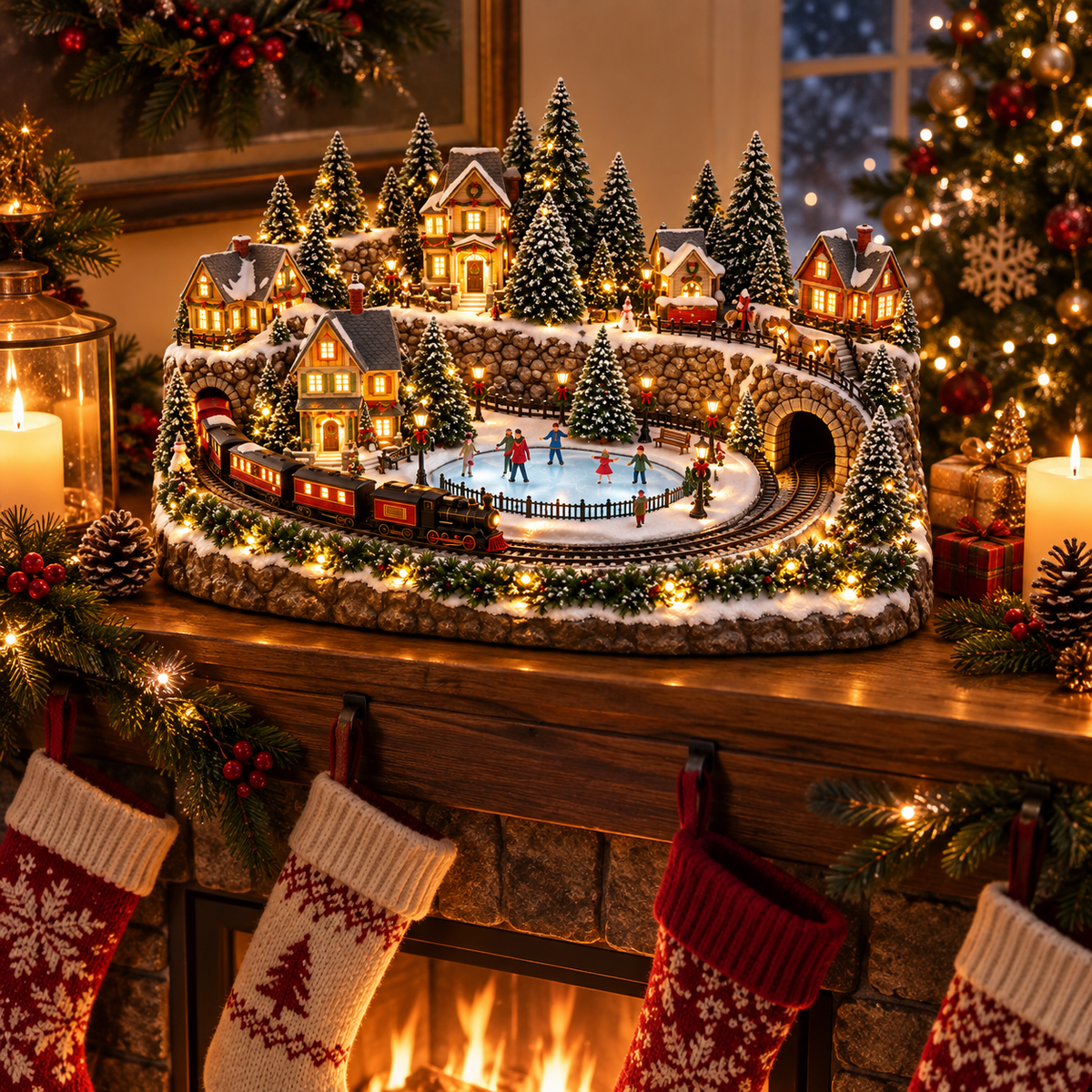 🔥 LAST DAY 49% OFF 🚂 Animated Christmas Holiday Train & Ice Rink Village with Music and LED Lights ❄️