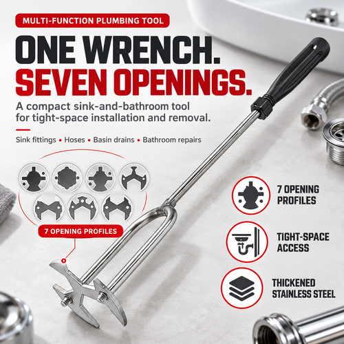 🔧 7-Opening Universal Sink & Bathroom Wrench – Stainless Steel Multi-Size Plumbing Tool for Tight Spaces