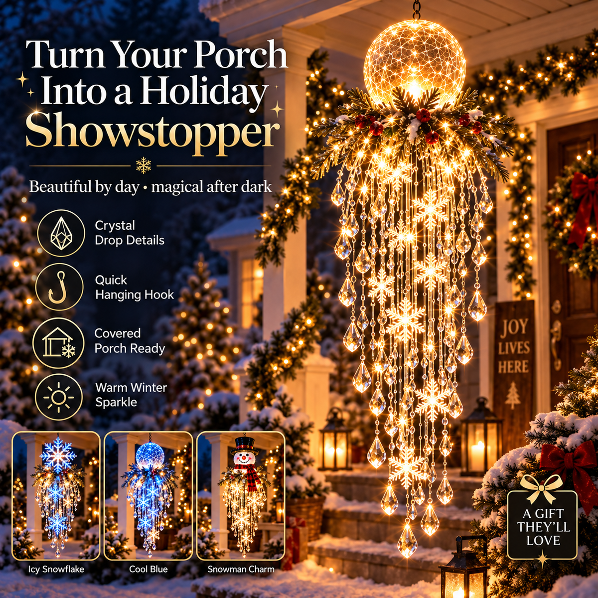❄️Crystal Cascade Christmas Light™ – Hanging Snowflake & Crystal LED Porch Décor ✨
