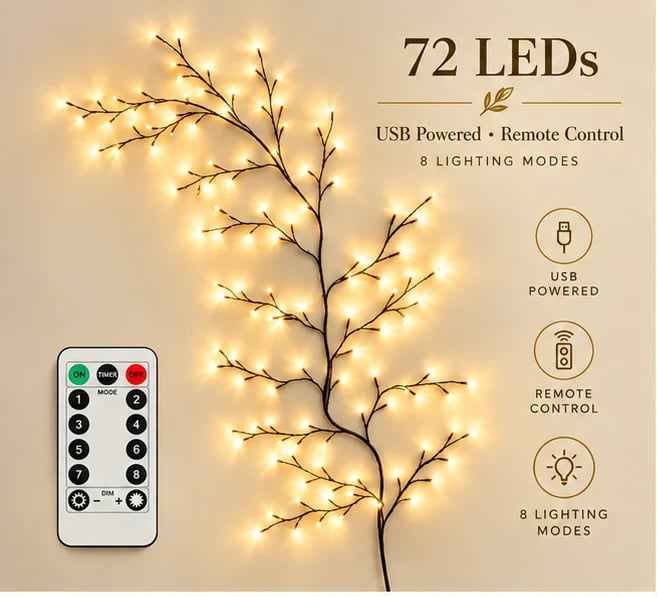 🎄 Flexible Christmas Vine Branch Wall Lights with 8 Modes & Remote Control ✨
