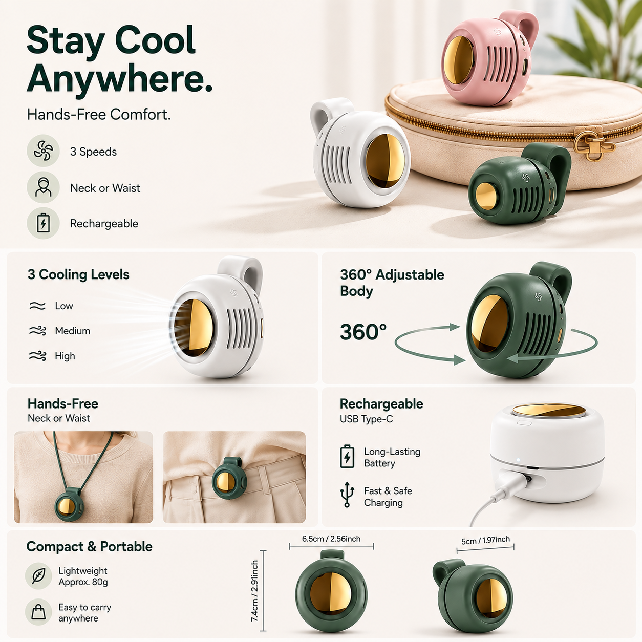 Rechargeable Clip-On Wearable Fan for Hands-Free Summer Comfort☀️