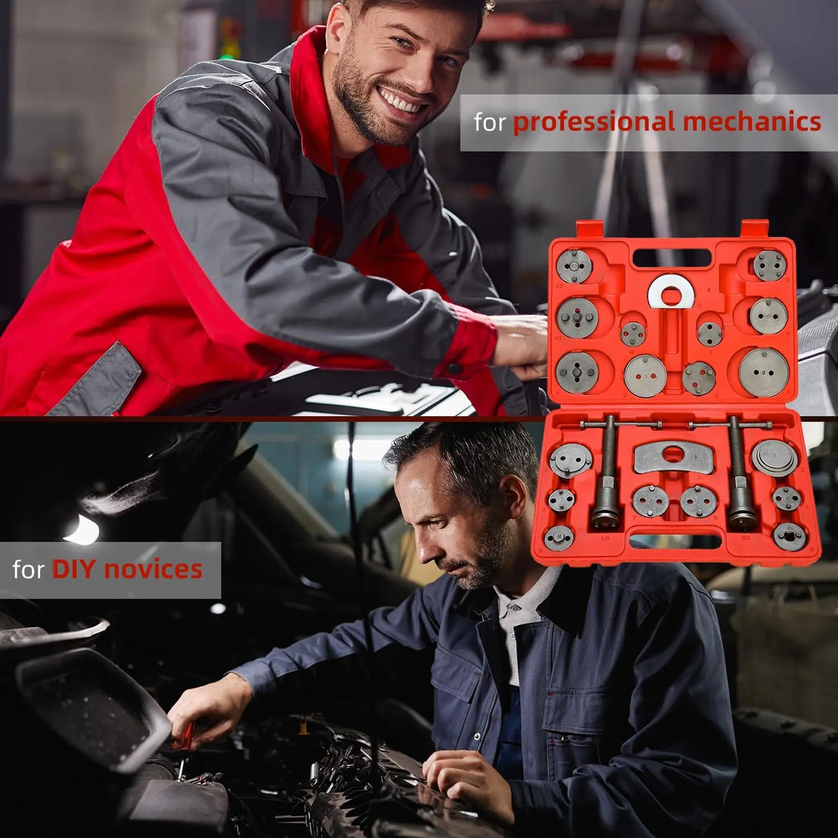 22pc Brake Caliper Compression Tool Set, Heavy Duty Brake Piston Compressor Tool and Wind Back Tool Kit for Brake Pad Replacement, Universal Disc Brake Caliper Tool Set with Red Case
