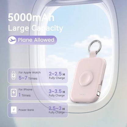 🔋5000mAh Portable Power Bank with Built-in Cables – 3-in-1 Travel Keychain Charger for iPhone, Apple Watch & AirPods, Compact Fast Charging Battery Pack
