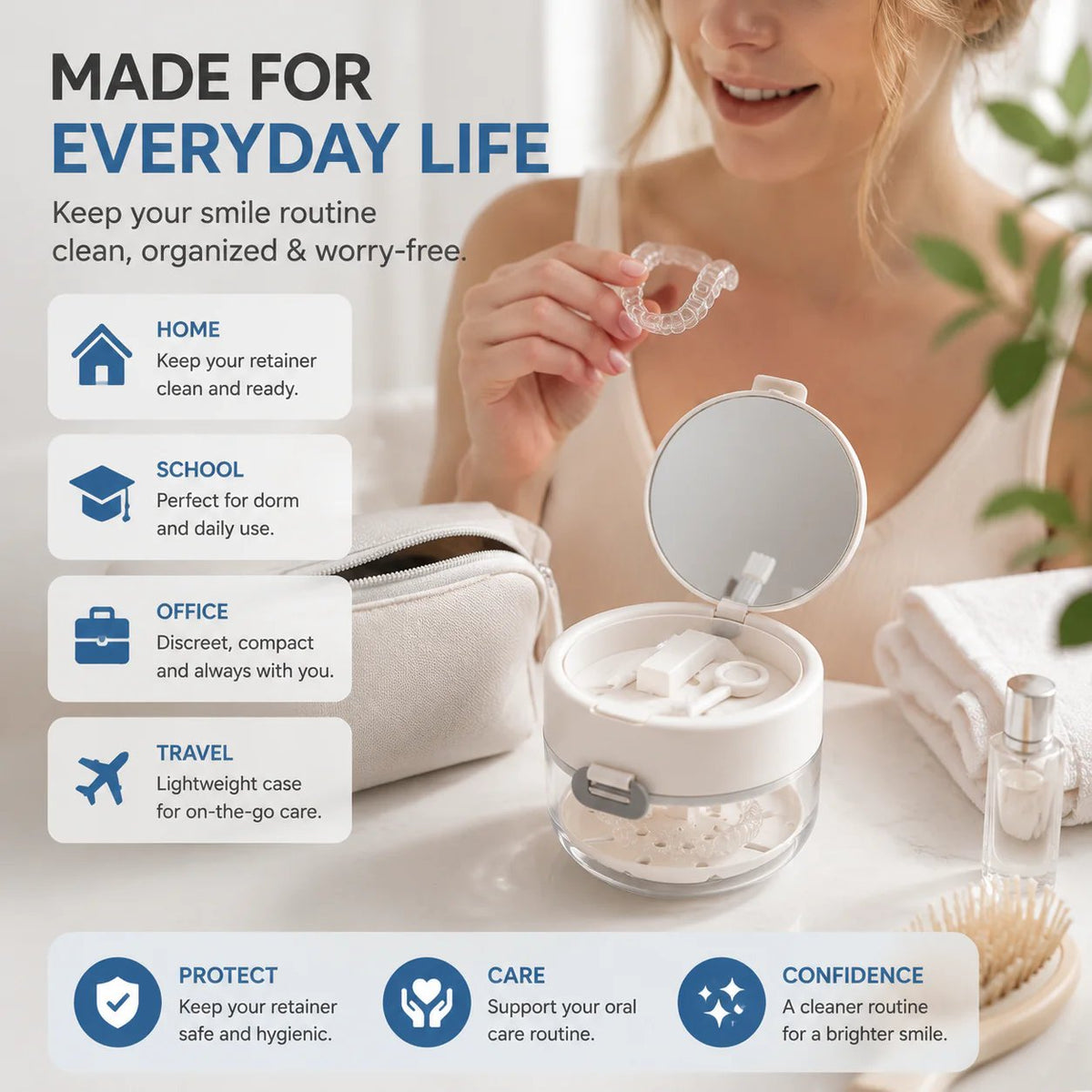 🦷 All-in-One Retainer Cleaning Case with Mirror Brush & Soaking Tray