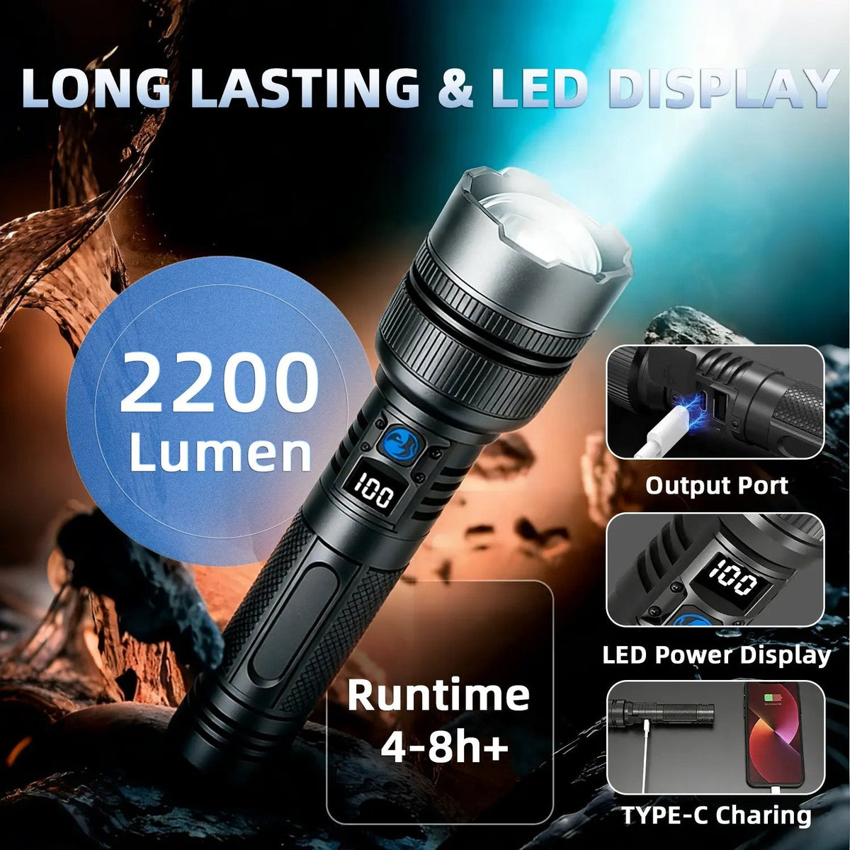 🔦⚡ 2-in-1 Rechargeable High-Power Flashlight – Digital Power Display, Zoomable Beam & Adjustable Brightness