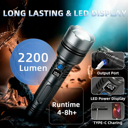 🔦⚡ 2-in-1 Rechargeable High-Power Flashlight – Digital Power Display, Zoomable Beam & Adjustable Brightness