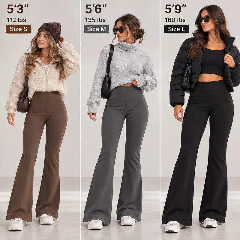 🔥 Women’s Fleece-Lined Flare Leggings with Pockets – High-Waisted Thermal Bell Bottom Pants