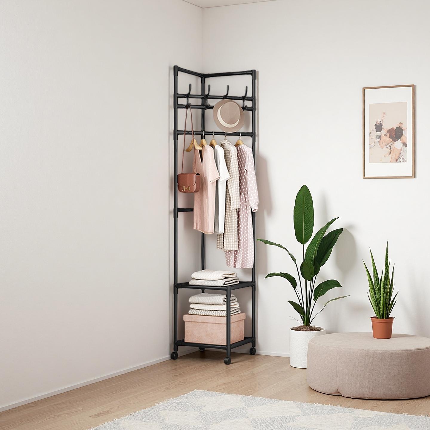 🔥 50% OFF Freestanding Corner Garment Rack with Hooks, Shelves & Wheels