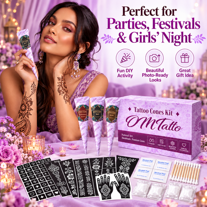 🌸 Henna Tattoo Kit with Stencils – Temporary Body Art Cones for Hands & Creative Designs ✨