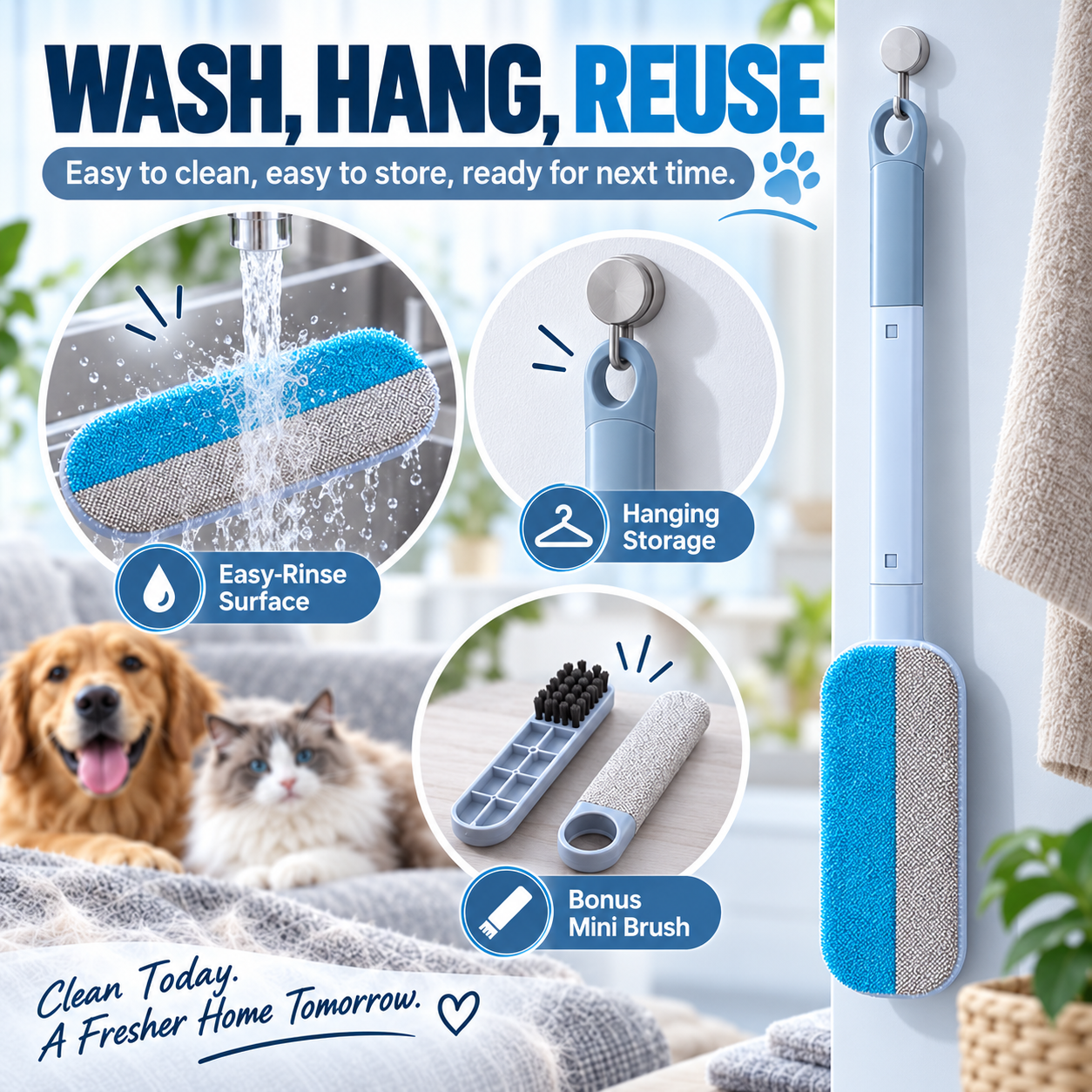 🐾 LIMITED-TIME 49% OFF Pet Hair Remover Brush – Long Handle & 2-in-1 Cleaning