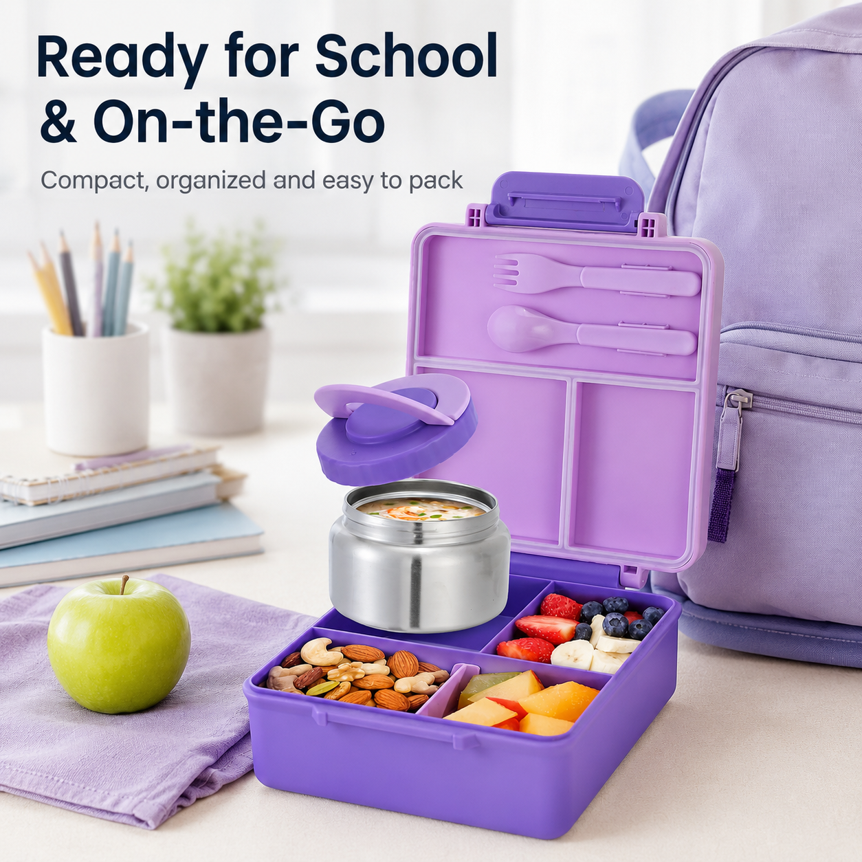 🎒48% OFF Kids Bento Lunch Box with Food Jar, Spoon & Fork – School Ready