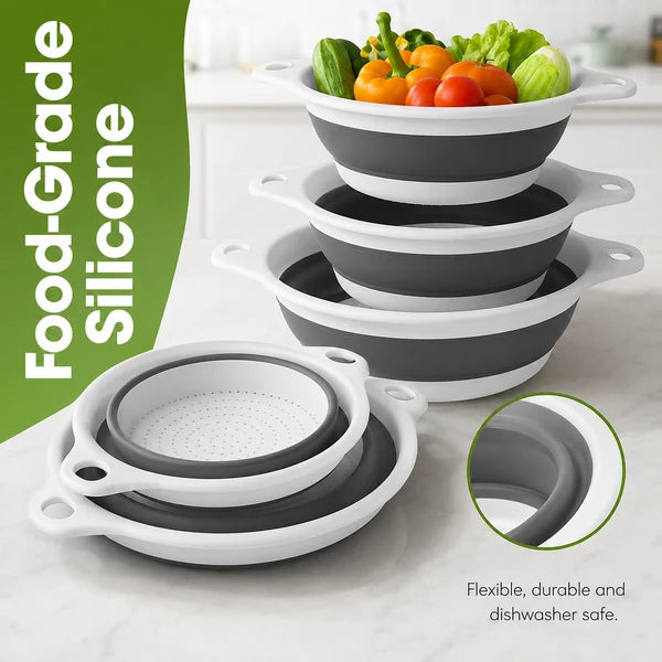 🔥 49% OFF 3-Piece Collapsible Colander Set 🥗 Self-Draining Silicone Kitchen Strainer