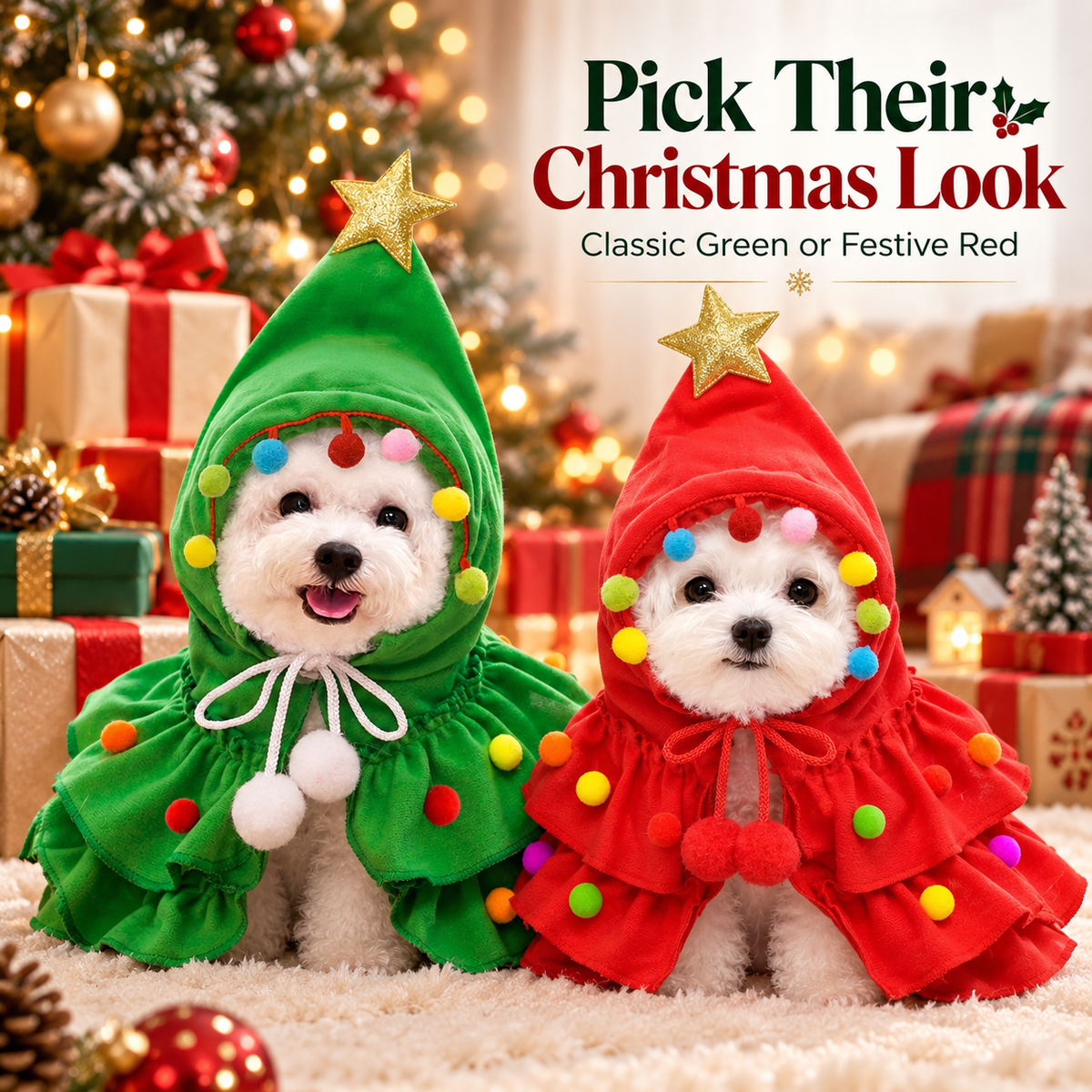 🎄 Christmas Tree Pet Cape Costume with Gold Star & Pom-Poms for Dogs & Cats 📸