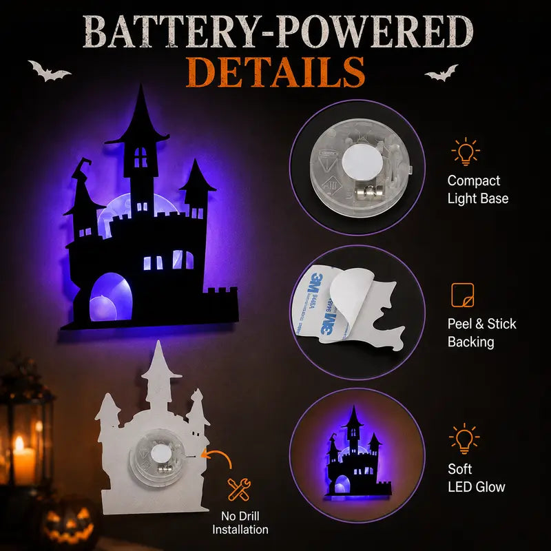 Battery-operated LED Halloween silhouette wall sticker—peel-and-stick decorative light.