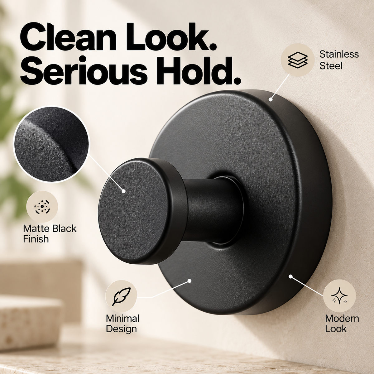🔩 Heavy-Duty Matte Black Stainless Steel Vacuum Suction Hooks (15 LBS No-Drill) 🚿