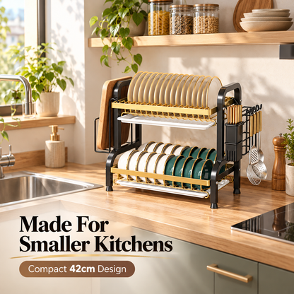 🍽️ Space-Saving 2-Tier Dish Drainer With Removable Drip Trays