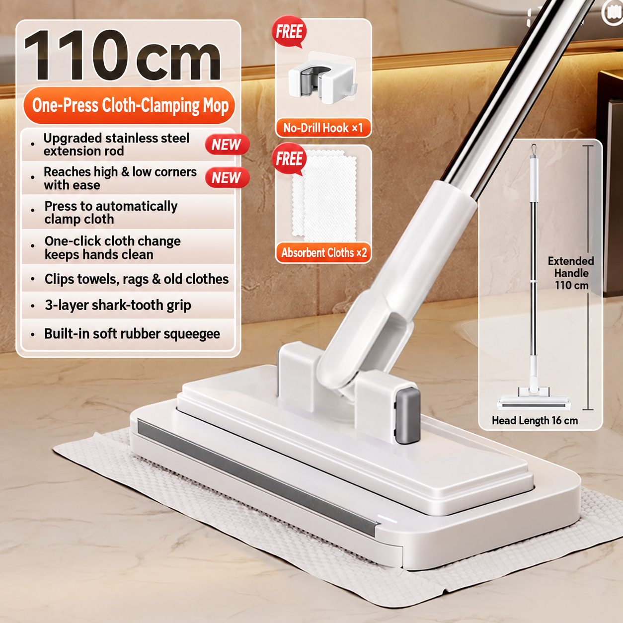 🔥 49% OFF Telescopic Cloth-Clamp Mop – Reach More, Clean With Less Effort