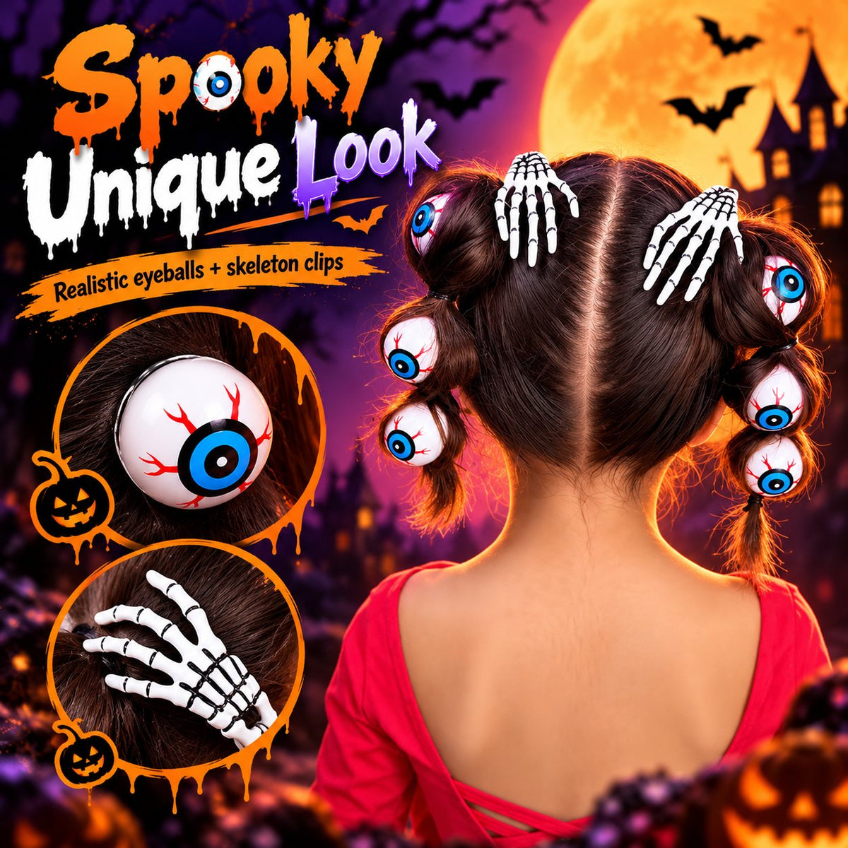 💀Halloween Skeleton Hand Hair Clips & Bloody Eyeball Hair Ties