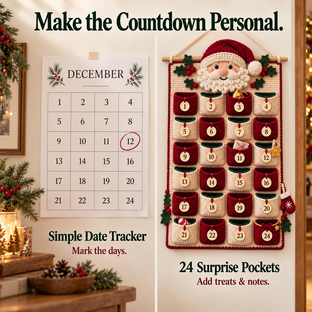 ⏳ Last Day 49% OFF – 🎄 24-Pocket DIY Christmas Crochet Advent Calendar Kit with Moveable Star Marker 🧶
