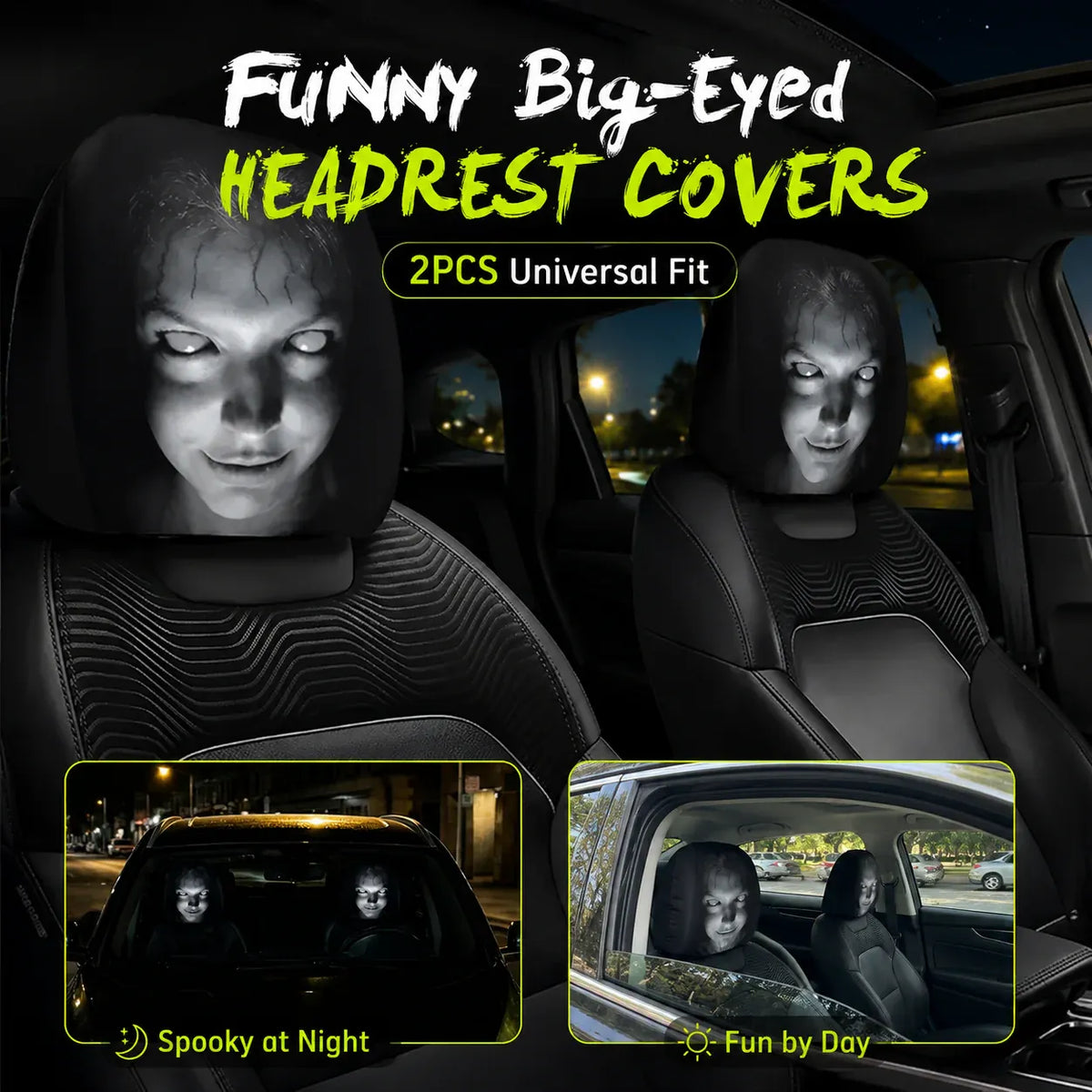 😆 Funny Cartoon Car Headrest Covers – 2PCS Universal Fit 🚗Spooky and funny car headrest covers