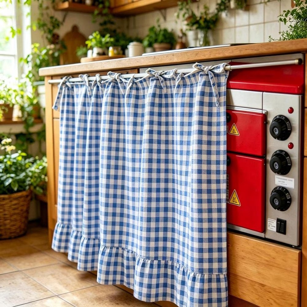 ✨2026 Farmhouse-Style Stove Curtain, Gingham Grid Ruffle-Edge Tier Curtains