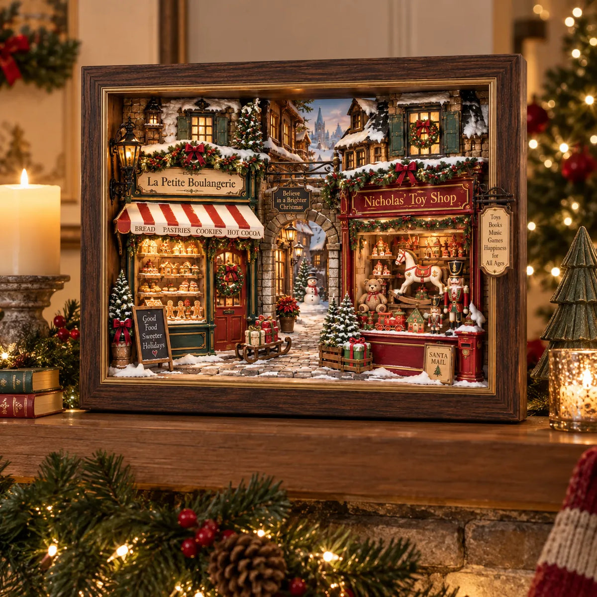 🎄 Old World Christmas 3D Wooden Shadow Box Snowy Village Holiday Keepsake Decor 🎁