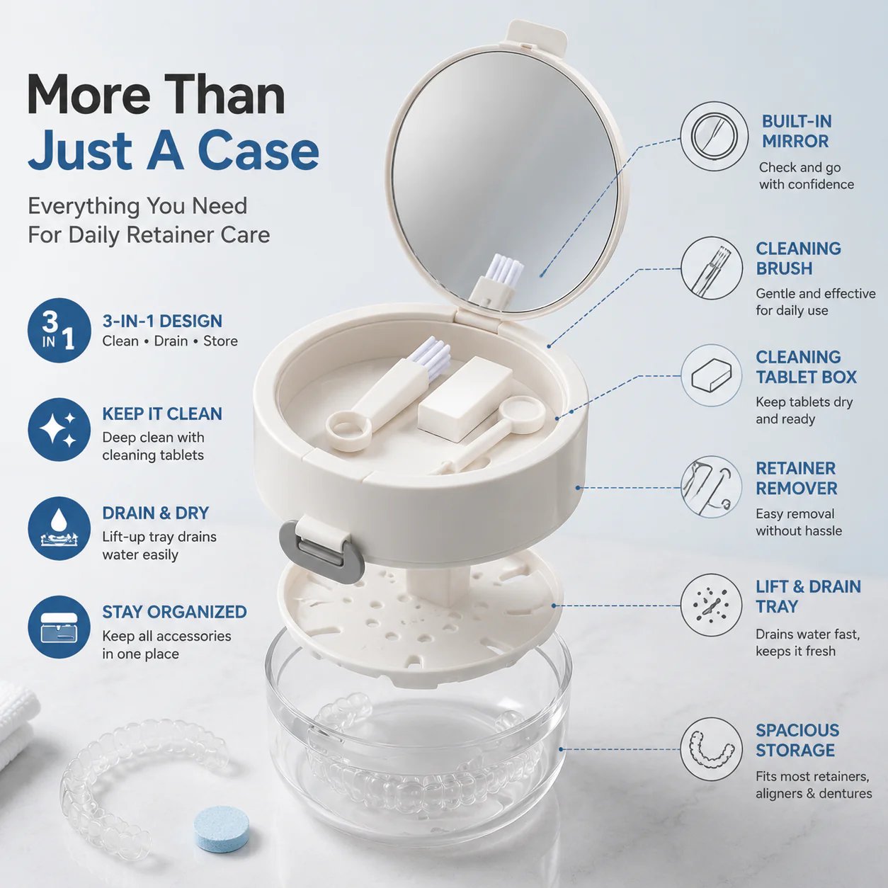 🦷 All-in-One Retainer Cleaning Case with Mirror Brush & Soaking Tray