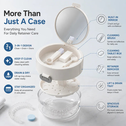 🦷 All-in-One Retainer Cleaning Case with Mirror Brush & Soaking Tray