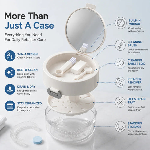 🦷 All-in-One Retainer Cleaning Case with Mirror Brush & Soaking Tray