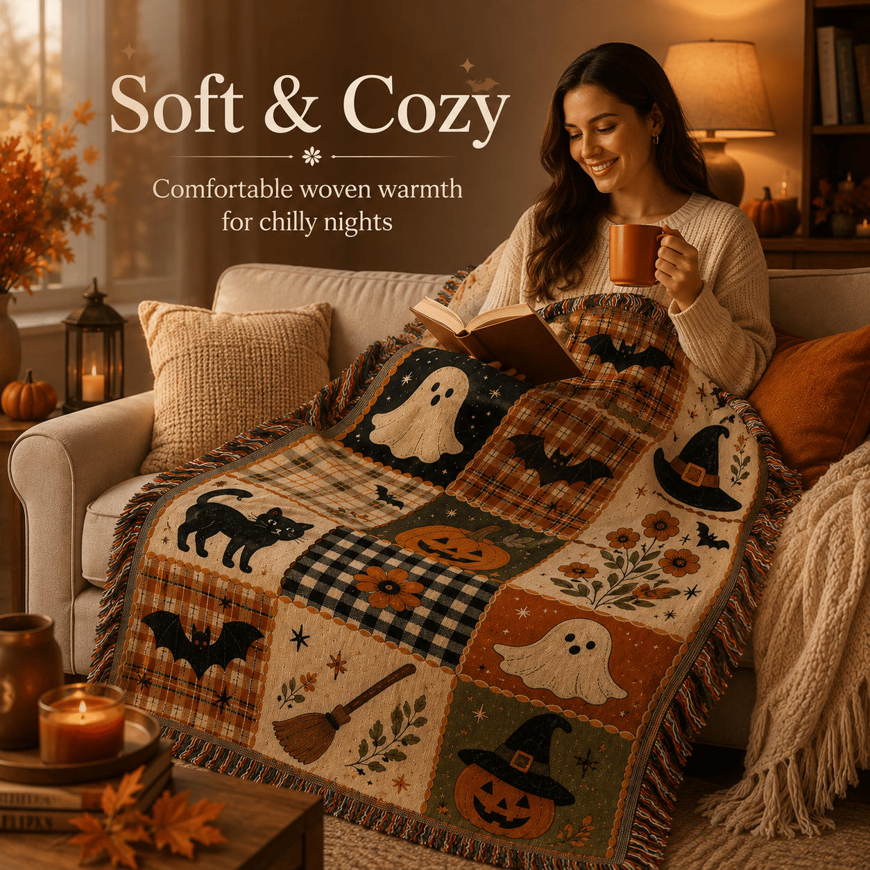 🎃 50% OFF Vintage Halloween Woven Throw 🍂 12-Tile Jacquard Blanket with Fringe
