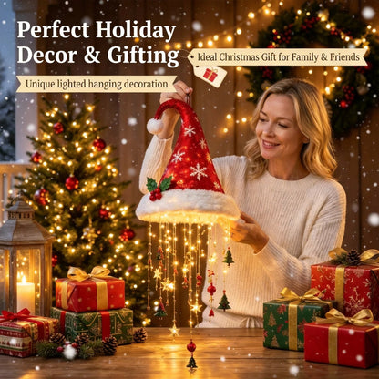 🎅✨Light‐Up Santa Hat Hanging Chandelier, Plush Christmas Pendant Light with Hanging Ornaments, Indoor & Covered Porch Holiday Decoration