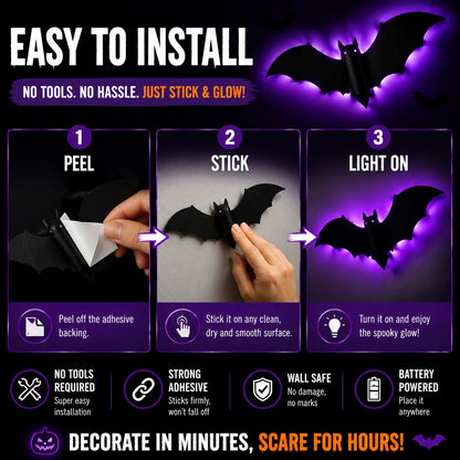 🦇Halloween decorative items - 3D black bat wall stickers with LED lights