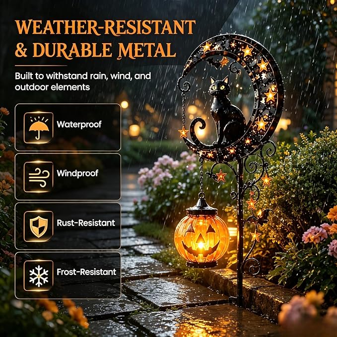 🔥🎃 Solar Black Cat Moon Pumpkin Outdoor Stake Light Transform Your Yard Into A Magical Halloween Wonderland