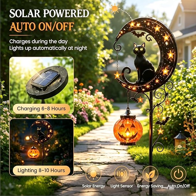 🔥🎃 Solar Black Cat Moon Pumpkin Outdoor Stake Light Transform Your Yard Into A Magical Halloween Wonderland