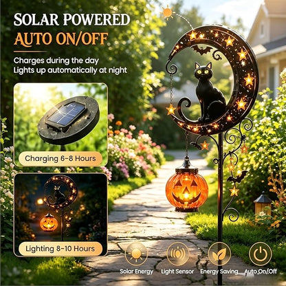 🔥🎃 Solar Black Cat Moon Pumpkin Outdoor Stake Light Transform Your Yard Into A Magical Halloween Wonderland