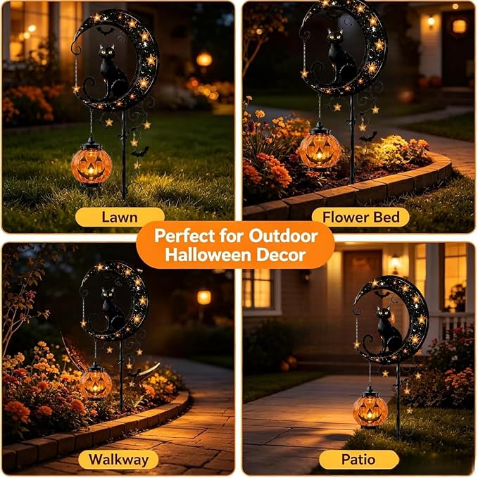 🔥🎃 Solar Black Cat Moon Pumpkin Outdoor Stake Light Transform Your Yard Into A Magical Halloween Wonderland