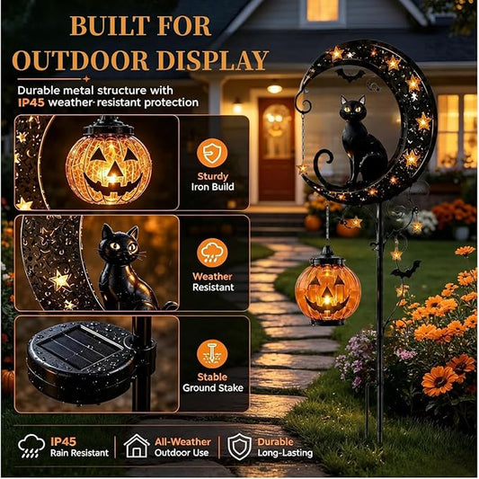 🔥🎃 Solar Black Cat Moon Pumpkin Outdoor Stake Light Transform Your Yard Into A Magical Halloween Wonderland