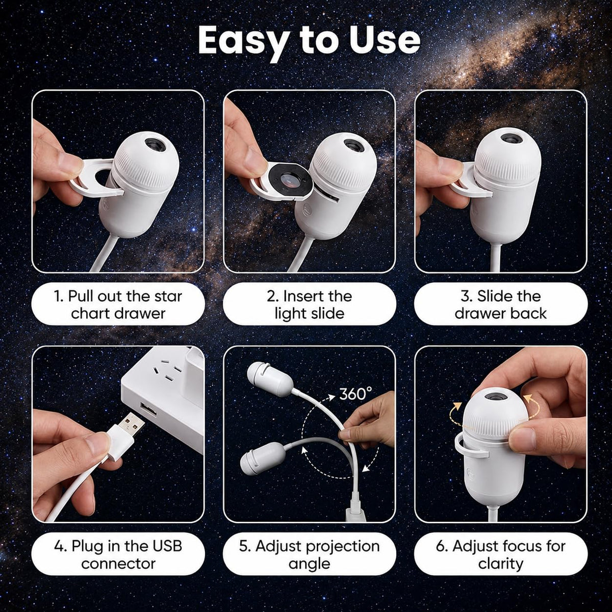 2-in-1 Galaxy Projector Night Light | USB Mini Star & Moon Projector for Bedroom, Adjustable Brightness, 360° Projection