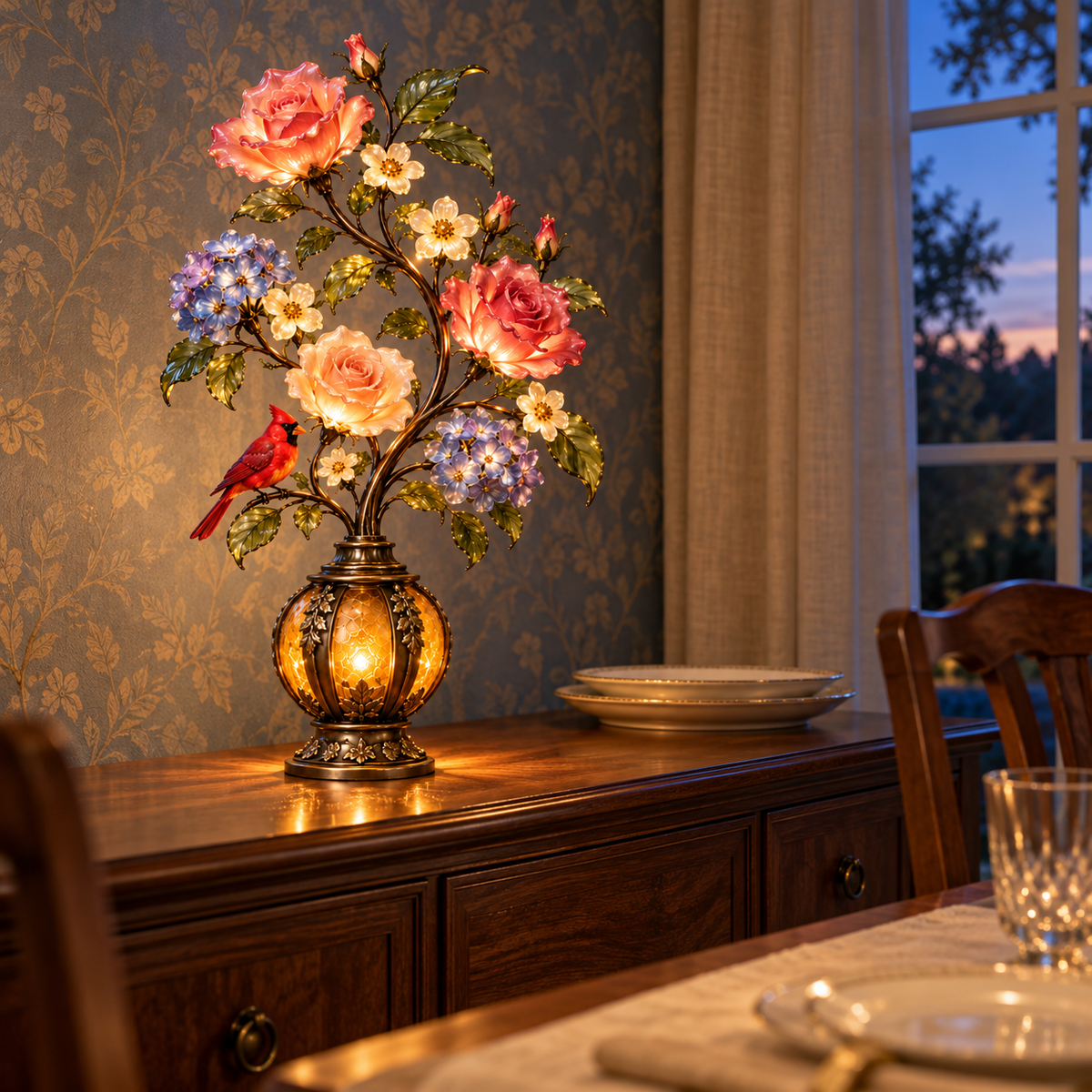 🌹✨ Eternal Bloom – Vintage Rose & Cardinal Table Lamp