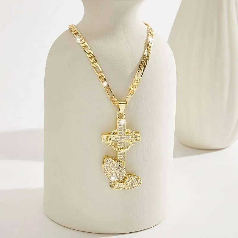 Cross & Prayer Hands Pendant Necklace