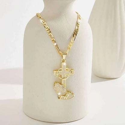 Cross & Prayer Hands Pendant Necklace