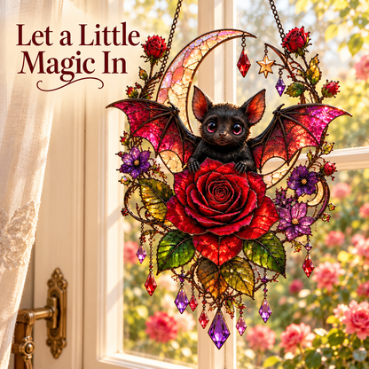 🦇 Midnight Romance – Bat, Crescent Moon & Rose Hanging Decor