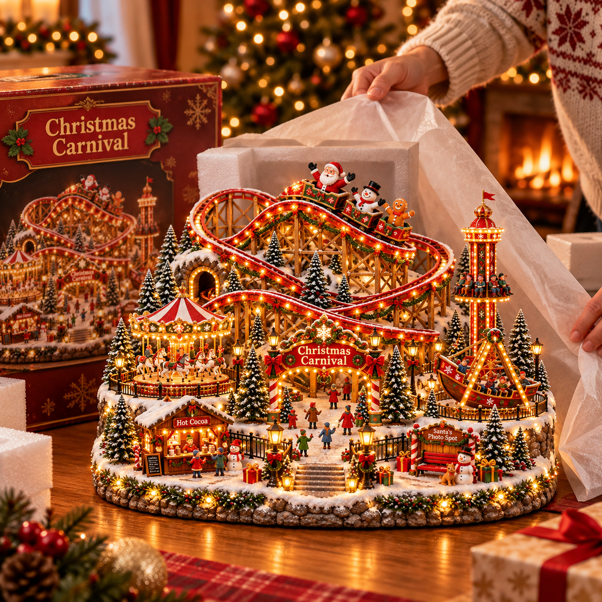 🔥 LAST DAY 50% OFF ！！！🎄 Magical Christmas Carnival Village – Animated Roller Coaster & Glowing Lights
