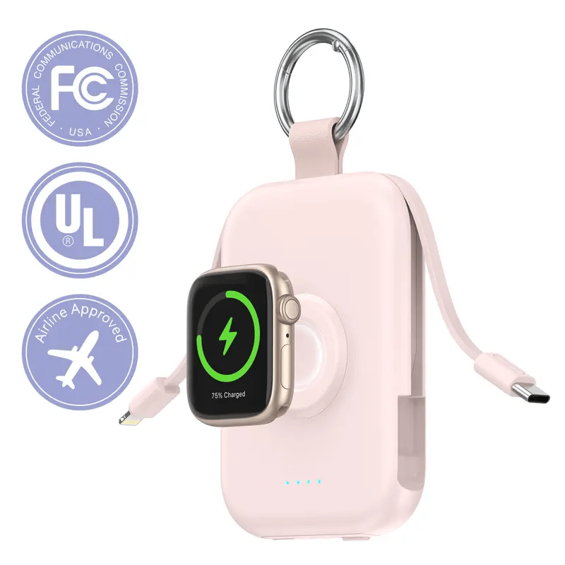 🔋5000mAh Portable Power Bank with Built-in Cables – 3-in-1 Travel Keychain Charger for iPhone, Apple Watch & AirPods, Compact Fast Charging Battery Pack
