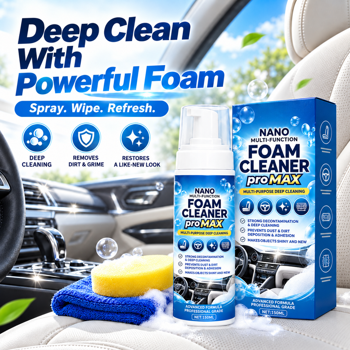 🚗 Car Interior Cleaning Kit – Multi-Purpose Foam Cleaner Spray Set for Leather, Seats & Dashboards ✨