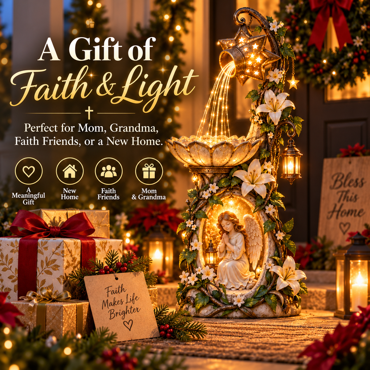 🔥 Last Day 49% OFF👼✨ Angel Starlight Cascading Garden Fountain with Illuminated Star & Lily Accents 🌸