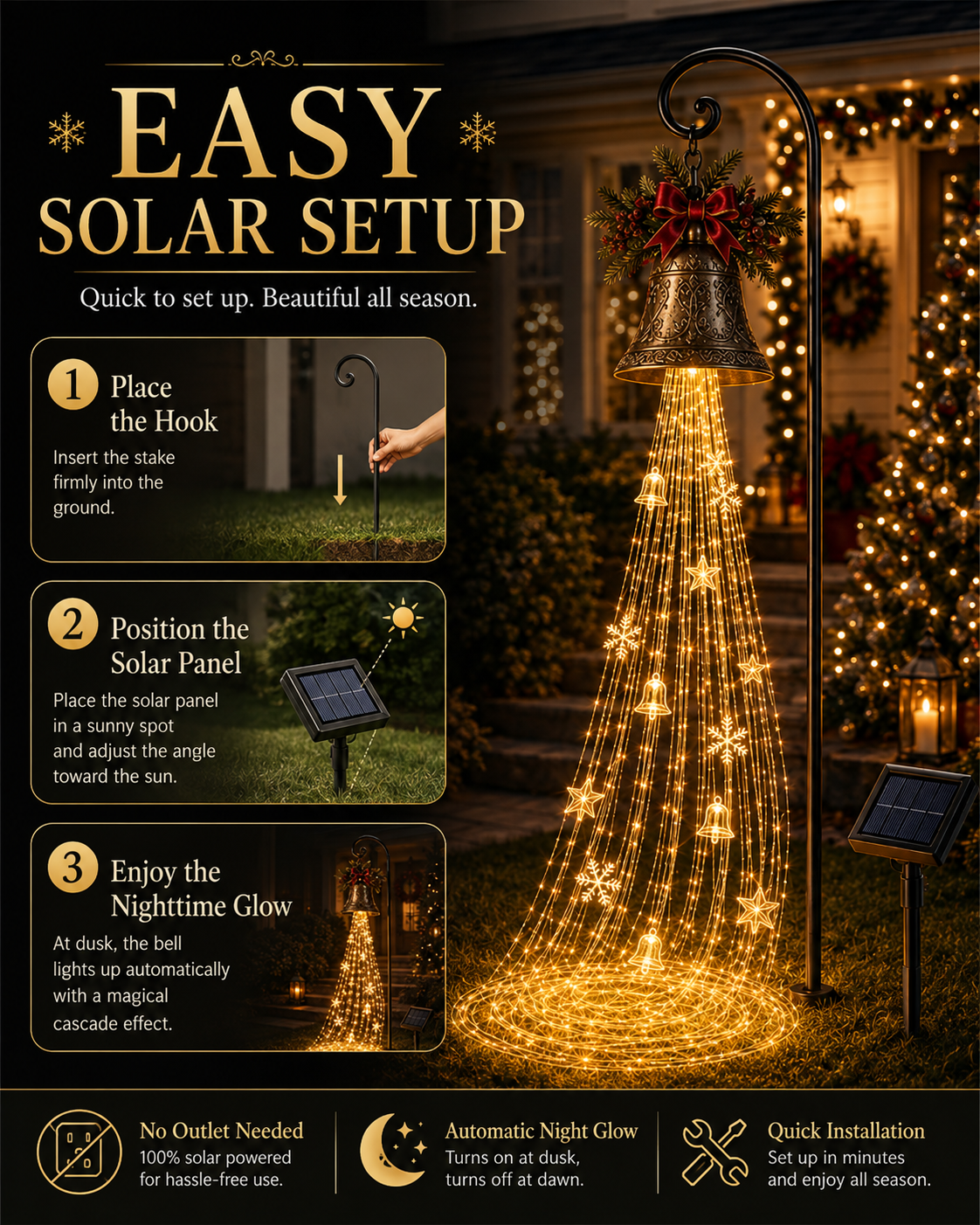 🎄 50% OFF 🔔 Solar Christmas Bell Cascade Light – Magical Golden Yard Glow ✨
