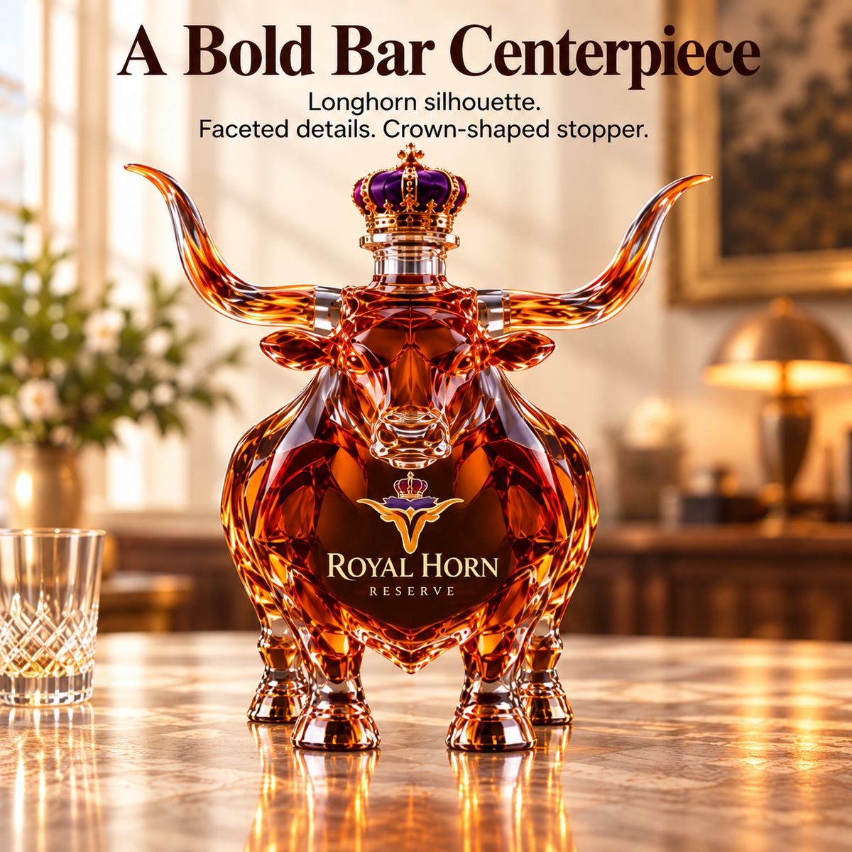 🐂 Texas Longhorn Collector’s Bottle 👑 Sculpted Display & Gift Box