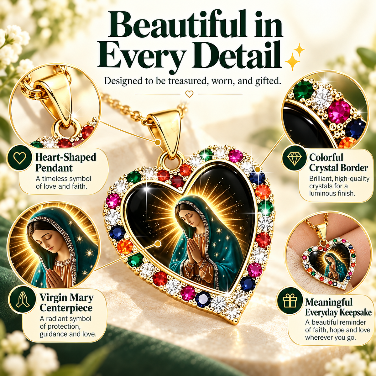 Virgin Mary Birthstone-Inlaid Daily Prayer Pendant Necklace